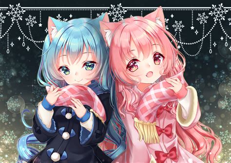 Download Scarf Pink Hair Blue Hair Anime Child HD Wallpaper by 猫月みらい