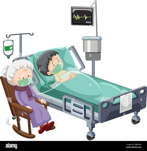 Hospital scene with sick patient in bed on white background illustration Stock Vector Image ...