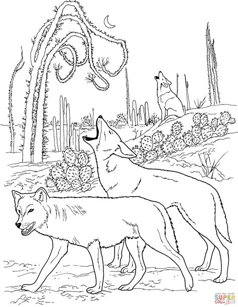 Coyotes Howling in Desert coloring page | Free Printable Coloring Pages