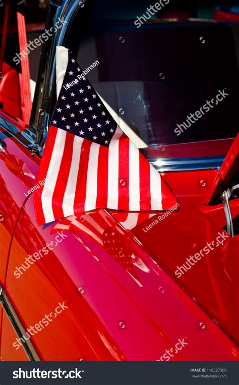 Patriotic American Flag Displayed On A Classic Car Stock Photo ...