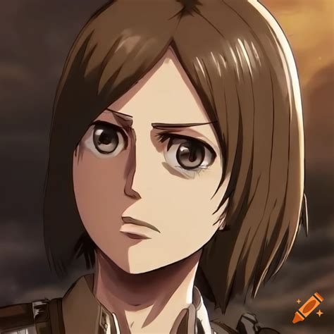 Character inspired by attack on titan with long brown hair and blue eyes on Craiyon