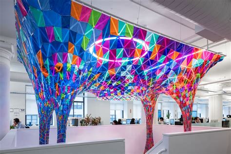 Stain glass art installation that hangs through two floors of Behance's new NYC offices ...