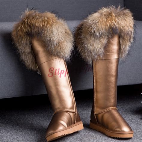 Luxury Women's Tall Fur Boots Winter Leather Over the Knee Boots