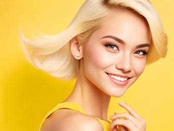 A woman with blonde hair smiling and wearing a yellow top Image & Design ID 0000105960 ...