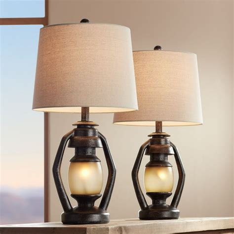 Franklin Iron Works Rustic Table Lamps Set of 2 with Nightlight Miner Lantern Brown Oatmeal Drum ...