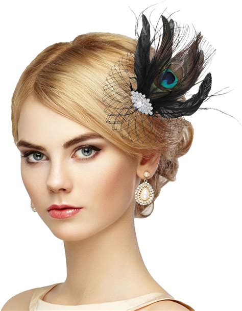Lusofie Peacock Feather Fascinator for Women Feather Mesh Veil Feathers Peacock Fascinator ...