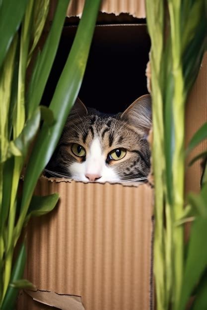 Premium AI Image | Cat hiding in a cardboard box peeking out created ...