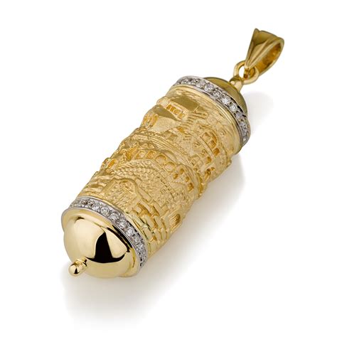 Buy 14K Gold Jerusalem Mezuzah Necklace set with Diamonds | Israel ...