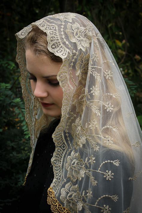 Evintage Veils~ Our Lady of Guadalupe Floral Gold & Ivory Embroidered D Shaped Veil~ Soft and Light!