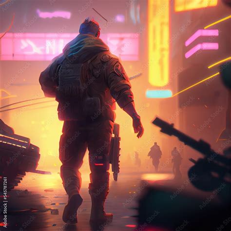 ภาพประกอบสต็อก Cyberpunk soldier on night city street. Back view with people, weapons, buildings ...