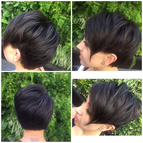 All sizes | Short Voluminous Textured Pixie with Side Swept Face Framing Layers on Dark Hair ...