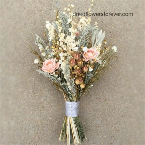 Peach Dried Flower Wedding Bouquet - Preserved Natural Bridal Bouquets - Grey Herbs Gray ...