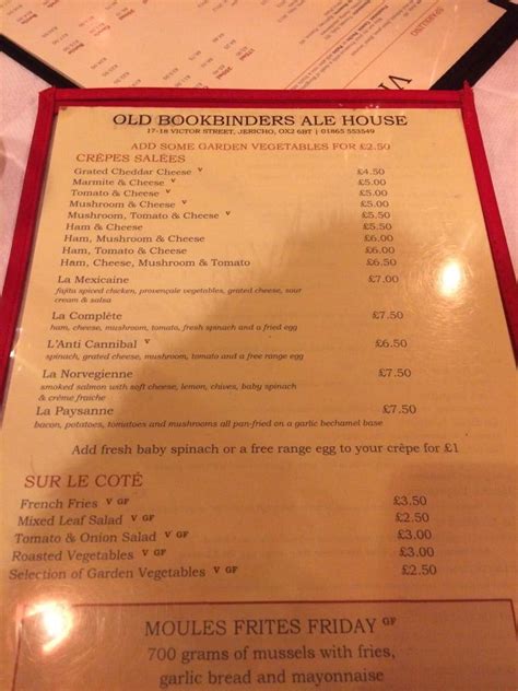 Menu at The Old Bookbinders Ale House pub & bar, Oxford