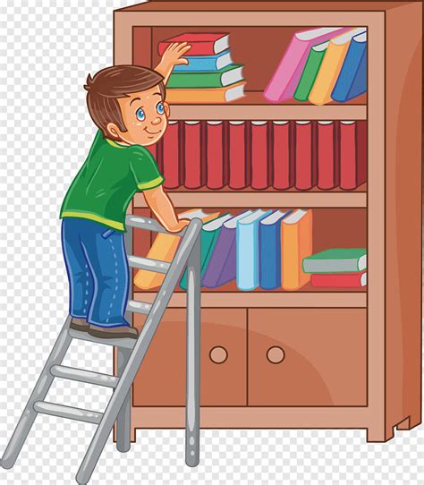 Book Illustration, A boy climbing a shelf on a ladder, furniture, child ...