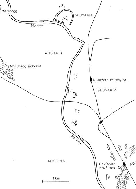 Map of the lower Morava River showing approximate location of the sites ...