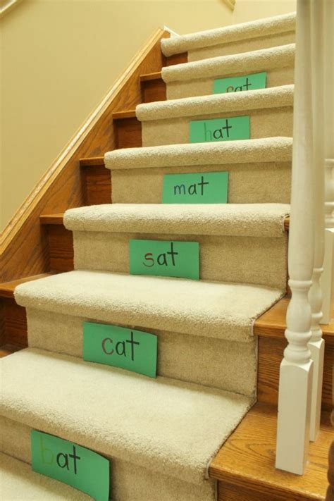 Great ways to practise reading, word families, sight words, and letters on the stairs! Awesome ...