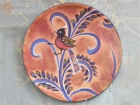 12" Colourful Bird Sitting on Plant | Handpainted Wooden Wall Plate | Home Decor | Exotic India Art