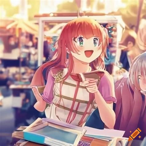 Cheerful anime girls reading science books at a crowded outdoor market near the waterfront on ...