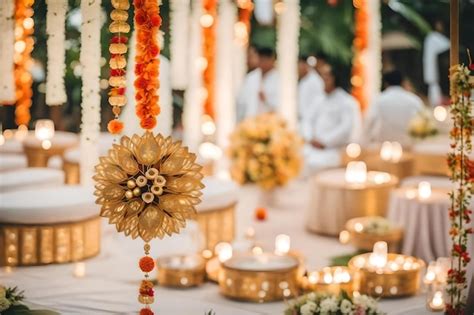 Premium AI Image | A wedding with a flower garland and a couple in white