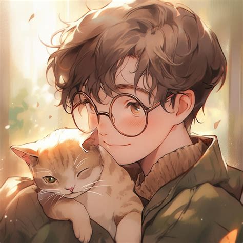 Premium Photo | Anime boy with glasses holding a cat in his arms ...