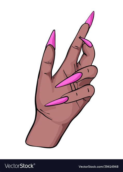 Long Nails Manicure Women Hand with Black Skin - Acrylic Fake Nails Glamour Illustration