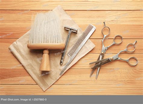 Vintage tools of barber shop on wooden background :: Stock Photography ...
