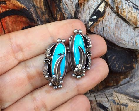 Traditional Navajo Turquoise Earrings with Sterling Silver Feather ...