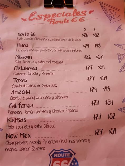 Menu at Pizza route 66 restaurant, Santa Marta, Carrera 1a No.22-93