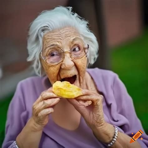 Funny image of a glamorous grandma enjoying a potato chip on Craiyon