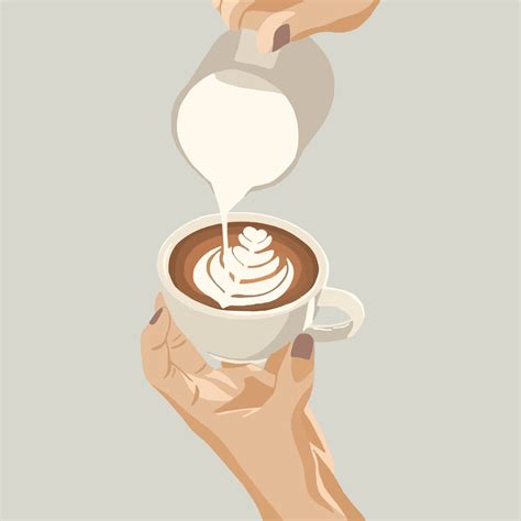 Hand of barista making latte or cappuccino coffee pouring milk making latte art. Vector ...