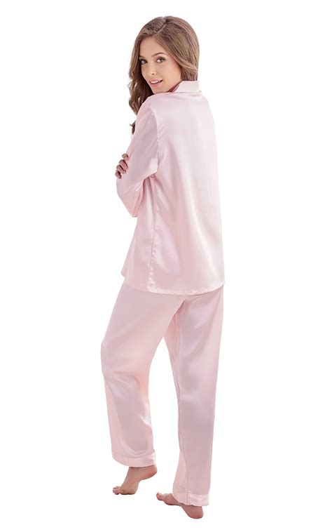 Women's Silk Satin Pajama Set Long Sleeve-Light Pink with White Piping ...