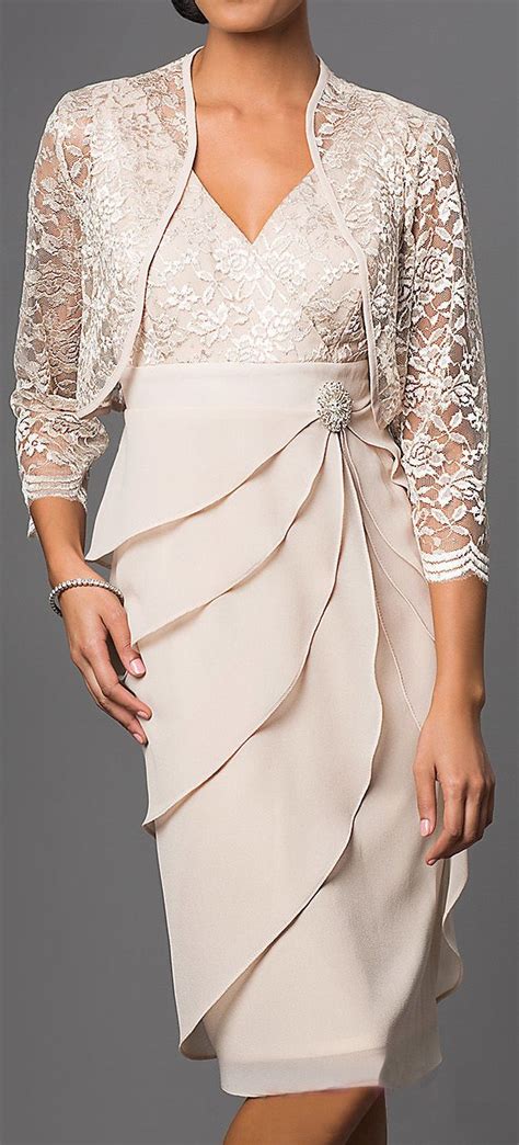 Short Formal Khaki Dress V-Neck Lace Chiffon 3/4 Sleeve Jacket | Bride ...