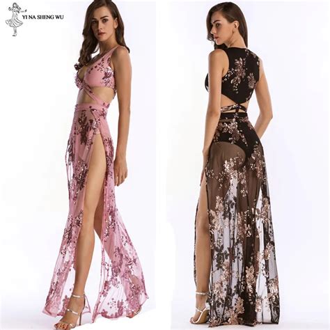 Adult Women new party sequin backless long dance dress lady translucent ...