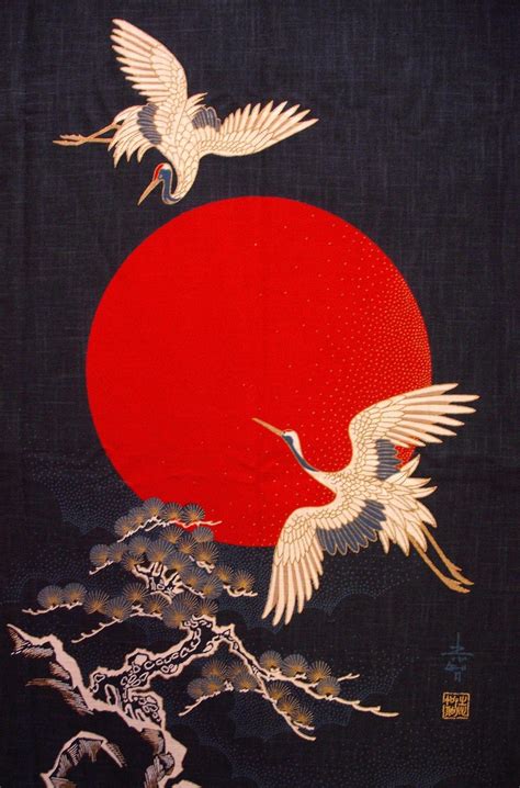 Japanese cranes against a red sun | Japanese art, Japanese tattoo art, Japanese artwork