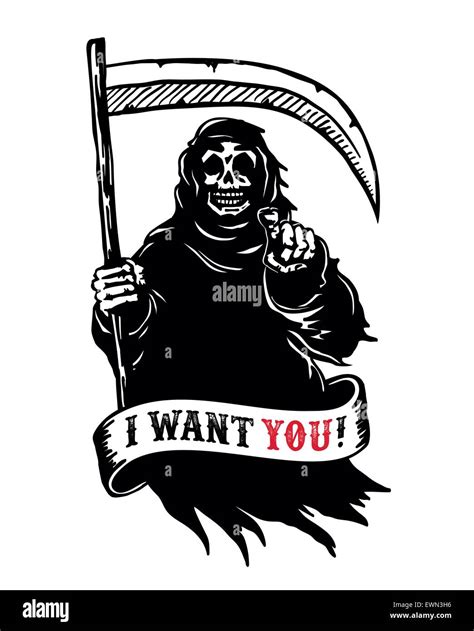 Grim reaper with scythe in dark hooded cloak, death pointing finger ...