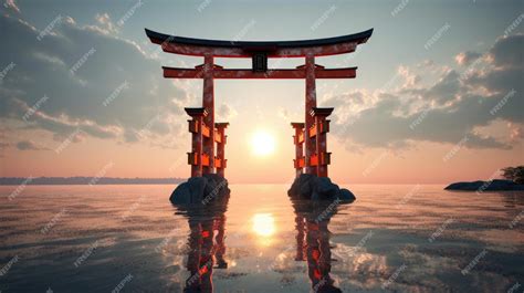 Premium Photo | A torii gate is on the water at sunset.