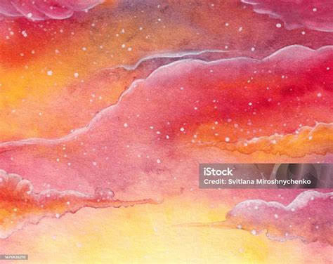 Watercolor Image Of Sunset Sky With Clouds Stock Illustration ...