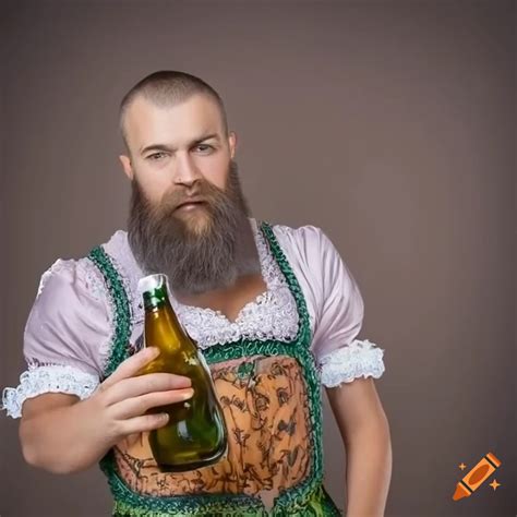 Man in dirndl holding a beer bottle on Craiyon