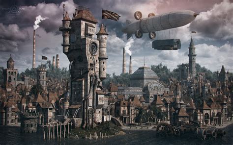 town, steampunk, Zeppelin - wallpaper #138331 (5760x3600px) on Wallls.com