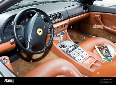 Interior view of a Green, 1995, Ferrari 456 GT, on display at the 2021 Regents Street Motor Show ...