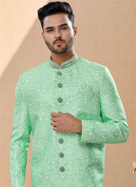 Buy Mint Green Benarasi Jacquard Embroidered Classic Sherwani Festive Wear, Embroidered ...