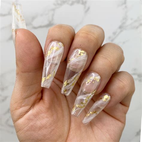 Press On Clear White Marble Nails with Gold Accent