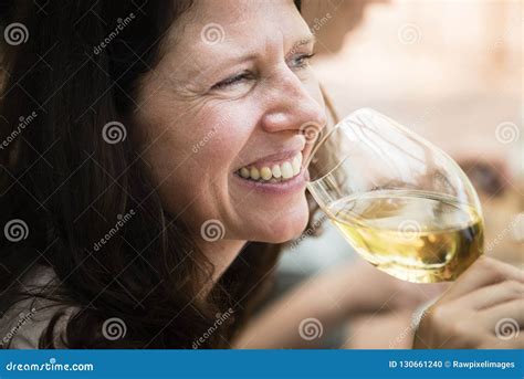 Happy Woman with a Glass of Wine Stock Photo - Image of fruity ...