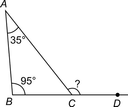 In the figure below, angle BAC measures 35 degrees, angle ABC measures 95 degrees, and points B ...