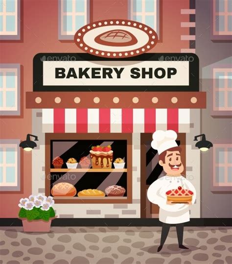 Bakery shop design concept with chef in uniform standing in front of the shop window with cake ...