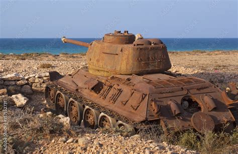 Old, abandoned Soviet tank T-34 on the shore of the island of Socotra ...