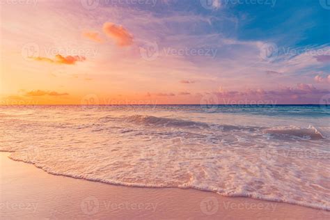 Beautiful sunrise beach. Exotic dramatic shore waves on sand, sea ...