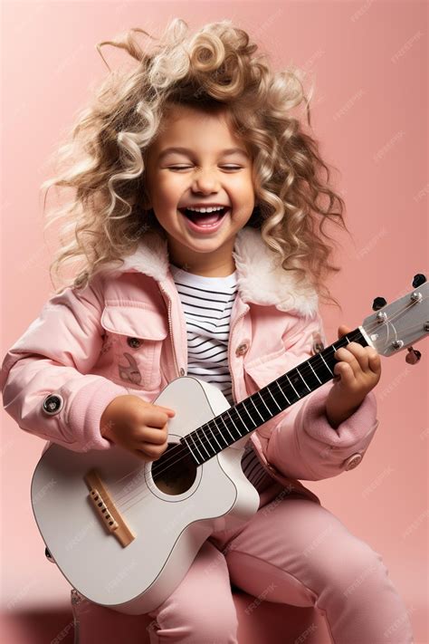 Premium AI Image | Little girl playing guitar isolated on pink background
