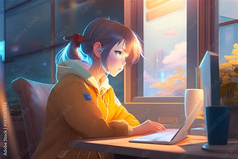 lofi Anime Girl is programming at a computer, cozy, dramatic lighting ...