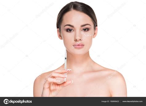 Beautiful Young Woman Dotted Line Drawn Face Plastic Surgery Holding — Stock Photo ...